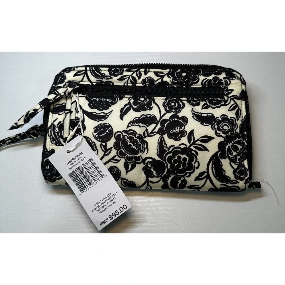 NWT Vera Bradley Large Tab Nylon Wallet Bubbly Flowers Black Pattern MSRP $95.00
